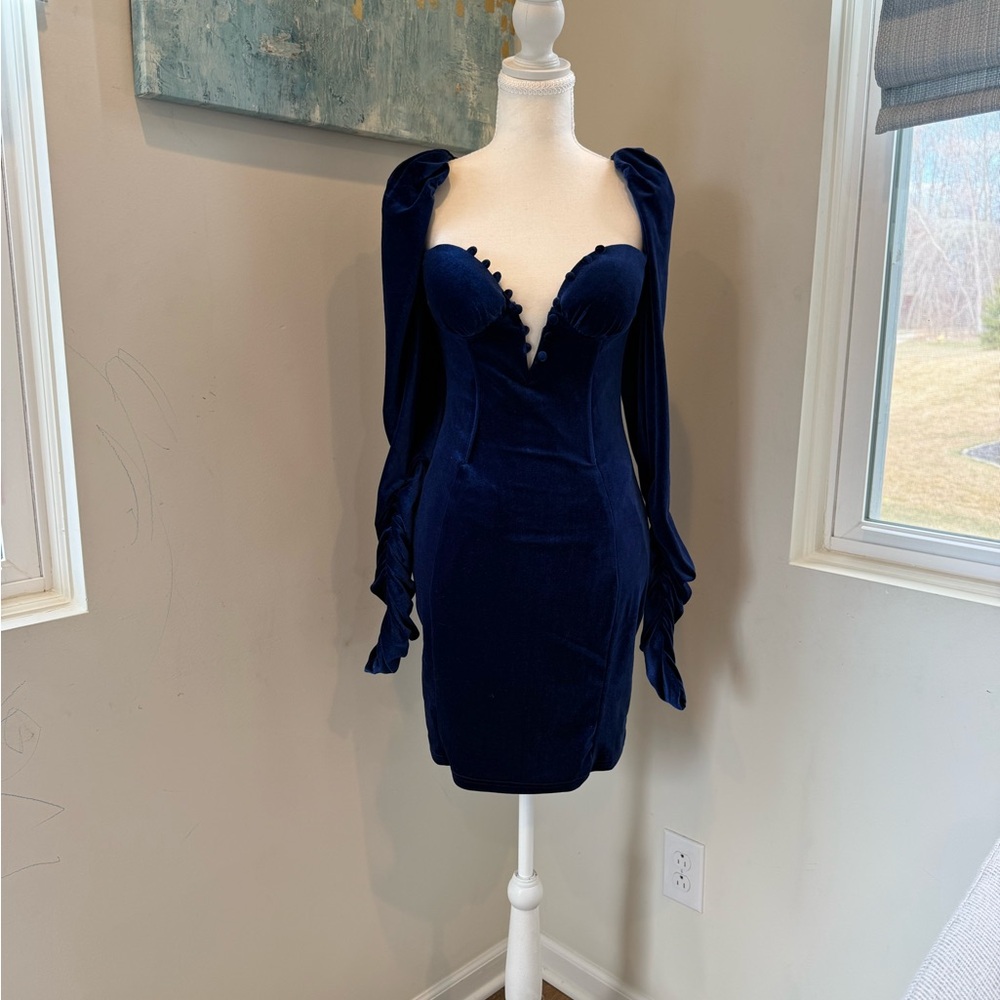 Fashion Nova Navy Velvet Sweetheart Puff-Sleeve Mini Dress size small